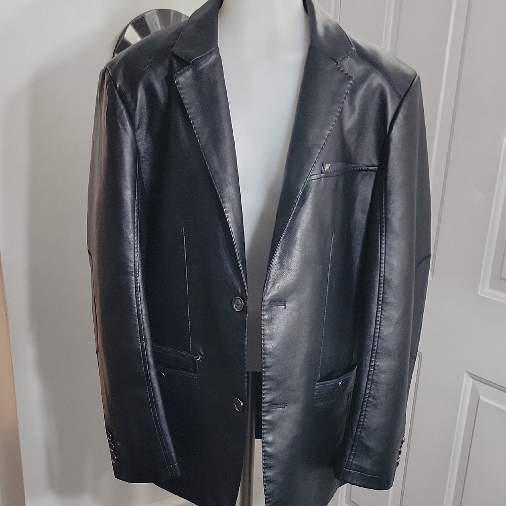 Black Men's Faux Leather 2 Button  Blazer with Zipper Pockets Size XL